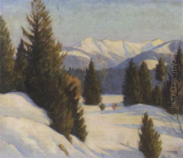 Winterlandschaft Mit Tannen Und Bergen Im Hintergrund Oil Painting by Ernst Emil Schlatter