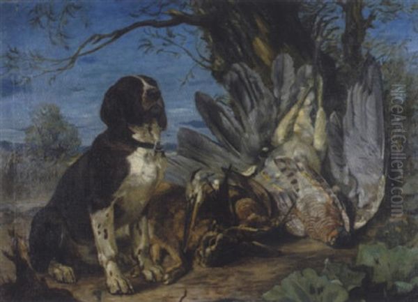 Jagdhund Und Erlegte Beutetiere In Einer Landschaft by Johann Georg Schlech