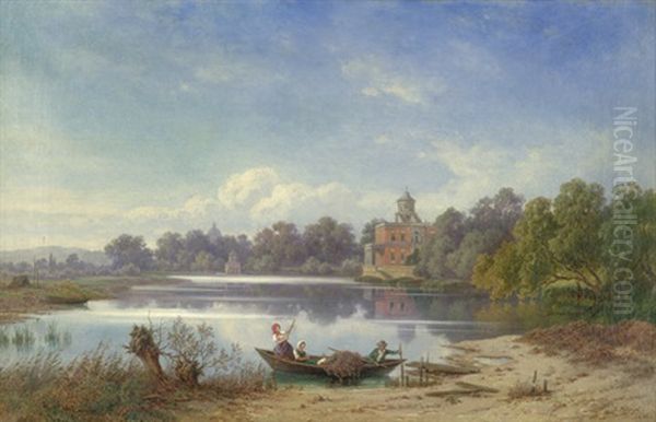 Blick Auf Den Heiligen See Mit Dem Marmorpalais, Im Vordergrund Bauern In Einem Fischerboot Oil Painting by Julius Schlegel