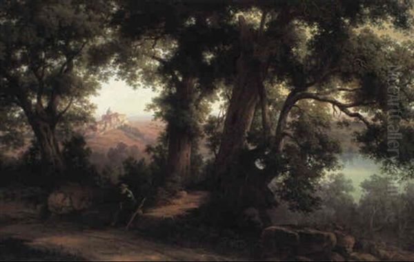 Parti Udenfor Rom Med Udsigt Mod Pavens Sommerbolig Castel Gandolfo Oil Painting by Julius Schlegel