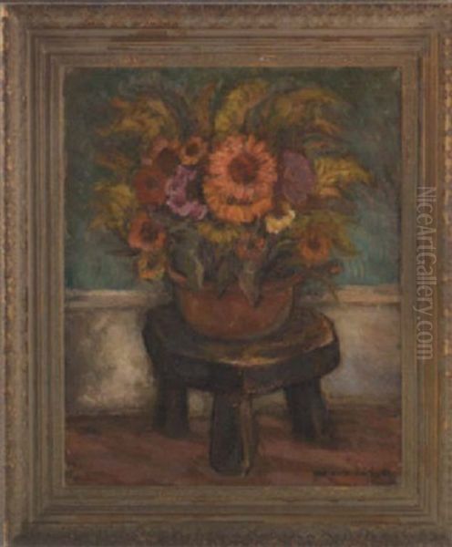 Floral Still Life With Milking Stool Oil Painting by William von Schlegell