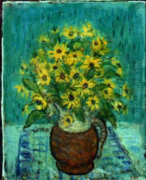 Yellow Flowers In A Pitcher Oil Painting by William von Schlegell