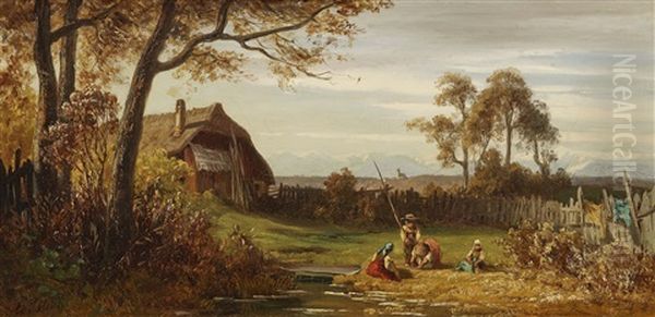 Children Playing In The Farm Garden Oil Painting by Eduard Schleich the Elder