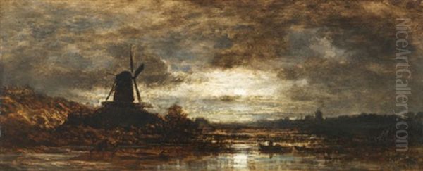 Hollandische Flusslandschaft Mit Muhle Bei Mondschein Oil Painting by Eduard Schleich the Elder