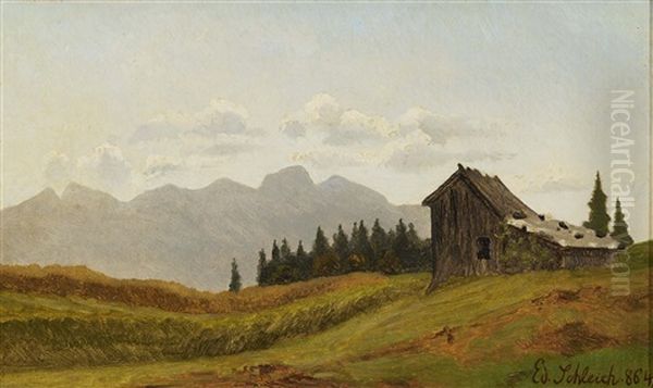 Mountain Landscape With Hut Oil Painting by Eduard Schleich the Elder