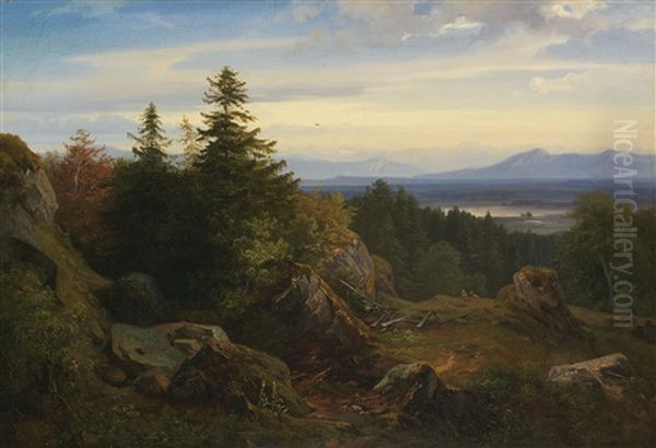 Chiemseelandschaft Mit Aussicht Auf Die Bayrischen Alpen Oil Painting by Eduard Schleich the Elder