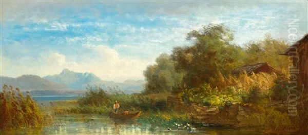 Chiemsee, Fishermen Before The Wendelstein Oil Painting by Eduard Schleich the Elder