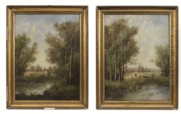 Paysage Avec Animaux Et Personnages En Bord De Riviere (pair) by Eduard Schleich the Elder