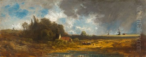 Landschaft Mit Windmuhlen Oil Painting by Eduard Schleich the Elder