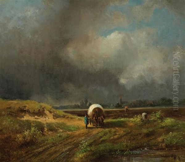 Landschaft Mit Kutsche Vor Dem Gewitter Oil Painting by Eduard Schleich the Elder