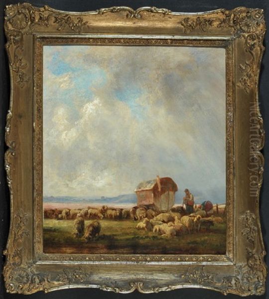 Schafer Mit Schafherde In Weiter Landschaft Oil Painting by Eduard Schleich the Elder