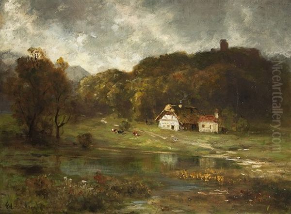 Bauerliches Anwesen An Einem Gewasser Oil Painting by Eduard Schleich the Elder