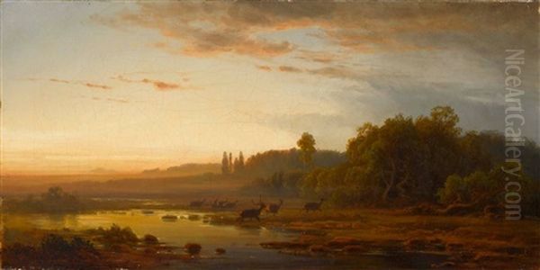 Moorlandschaft Mit Rotwild Im Abendlicht Oil Painting by Eduard Schleich the Elder