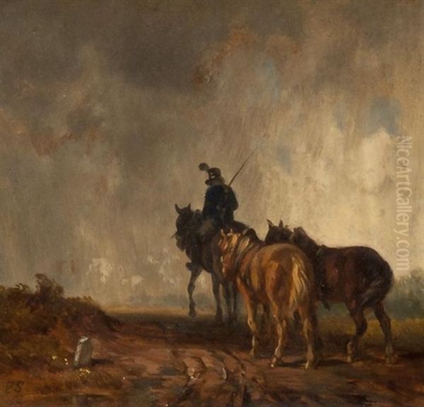 Soldier And Horses In A Rainswept Landscape Oil Painting by Eduard Schleich the Elder