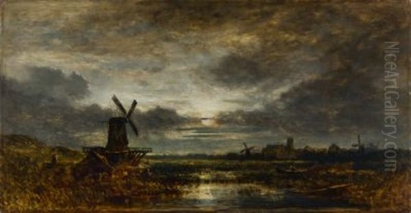 Hollandische Landschaft Mit Windmuhlen Bei Mondschein Oil Painting by Eduard Schleich the Elder