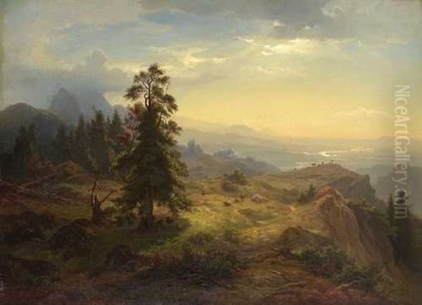 Blick Von Einer Alm Im Gebirge Auf Einen Flusslauf Oil Painting by Eduard Schleich the Elder