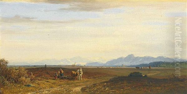 Fruhlingslandschaft Im Chiemgau Mit Pflugenden Bauern Und Gebirgshintergrund Oil Painting by Eduard Schleich the Elder