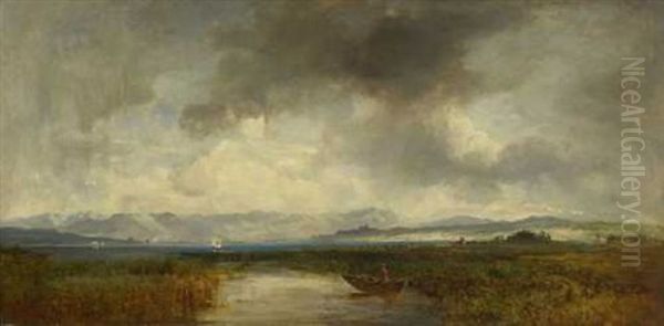 Blick Uber Den Ammersee Auf Die Alpenkette Oil Painting by Eduard Schleich the Elder