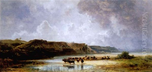 Kuhe Am Gewasser Vor Aufziehendem Gewitter Oil Painting by Eduard Schleich the Elder