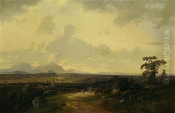 Weite Voralpenlandschaft Mit Blick Auf Die Weit Entfernten, Wolken Verhangenen, Berge. Vorn Auf Dem Weg Personen Oil Painting by Eduard Schleich the Elder