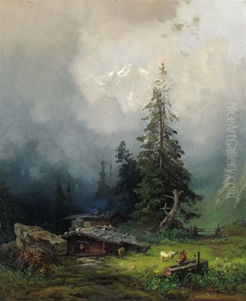 Eine Alpe Oil Painting by Eduard Schleich the Elder