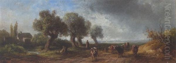 Hirtin Mit Kuhherde In Weiter Landschaft Oil Painting by Eduard Schleich the Elder