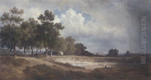 Blick Auf Munchen, Im Vordergrund Sandgrube, Dahinter Allee Mit Heimkehrenden Bauern Oil Painting by Eduard Schleich the Elder