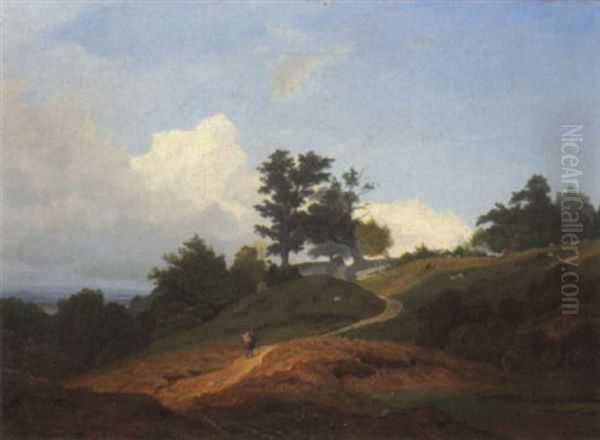 Oberbayrische Landschaft Mit Schafweide Und Wandersmann Oil Painting by Eduard Schleich the Elder