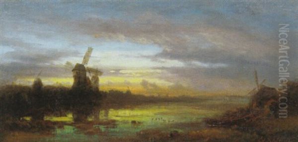 Hollandische Landschaft Mit Windmuhlen Bei Einem Wasser Bei Sonnenuntergangsstimmung Oil Painting by Eduard Schleich the Elder