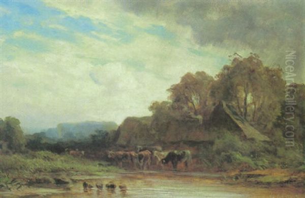 Kuhe An Der Tranke Bei Einem Teich Vor Dem Bauerngehoft Oil Painting by Eduard Schleich the Elder