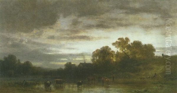 Kuhe An Der Tranke In Einem Kleinen Teich Nahe Einem Bauernhaus Oil Painting by Eduard Schleich the Elder