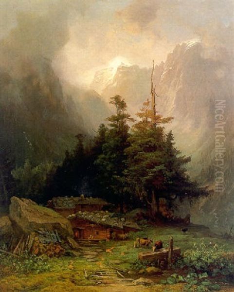 Eine Alpe Oil Painting by Eduard Schleich the Elder