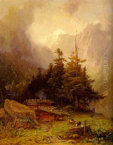 Bergbauernhof Mit Tierstaffage Oil Painting by Eduard Schleich the Elder