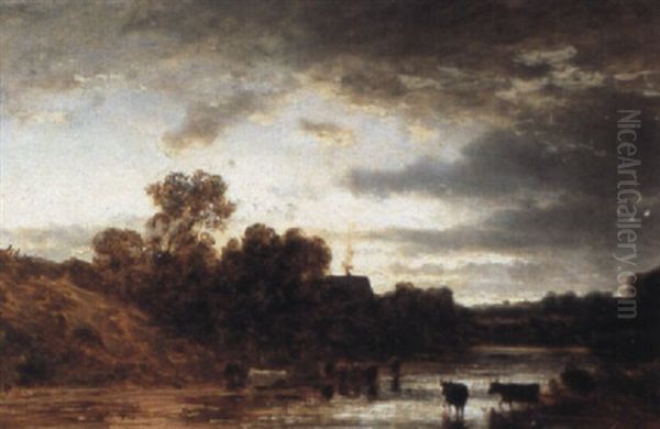 Fluslandschaft Mit Kuhen Oil Painting by Eduard Schleich the Elder