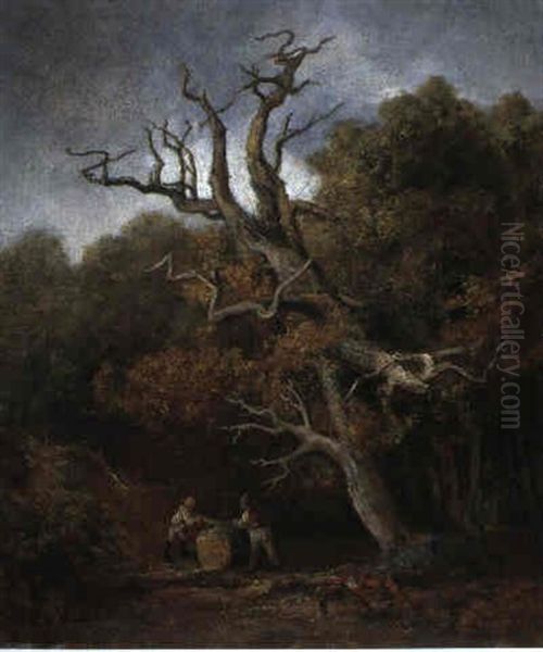 Unter Einer Abgestorbenen Eiche Zersagen Zwei Holzfaller    Einen Grossen Baumstamm Oil Painting by Eduard Schleich the Elder