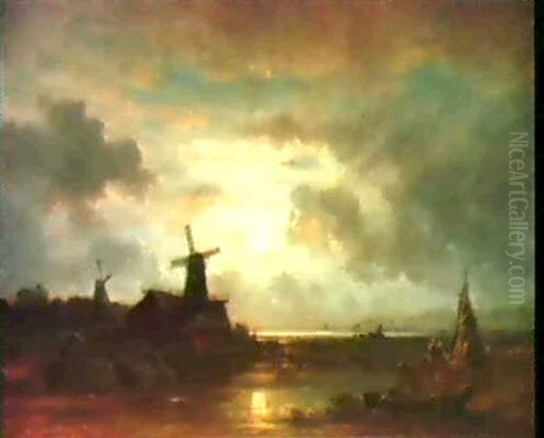 Windmuhlen Bei Mondenschein Oil Painting by Eduard Schleich the Elder