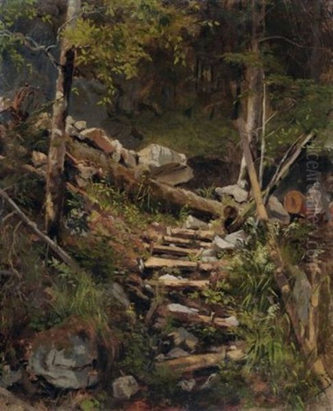 Steinstufen Im Wald Oil Painting by Eduard Schleich the Younger