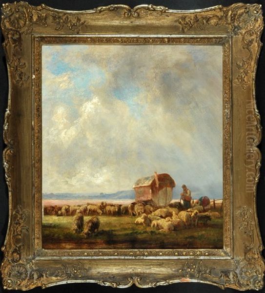 Schafer Mit Schafherde In Weiter Landschaft Oil Painting by Eduard Schleich the Younger