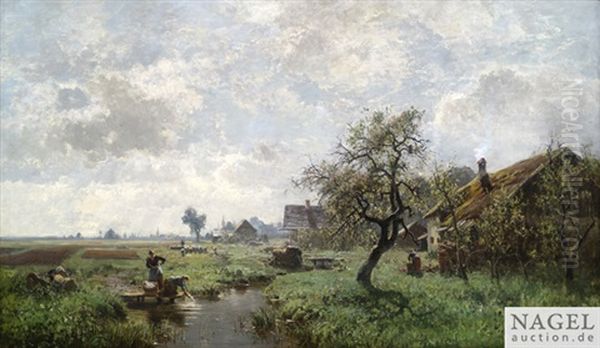 Weite Sommerlandschaft Mit Bauernhausern Und Wascherinnen An Einem Bach Oil Painting by Eduard Schleich the Younger