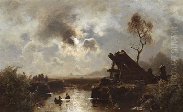 Weiher Im Mondschein Oil Painting by Eduard Schleich the Younger