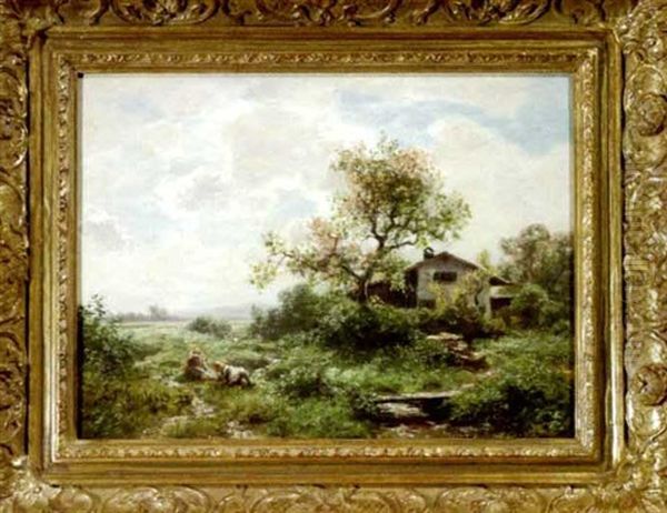 Fruhlingslandschaft Mit Bauernhaus Und Spielenden Kindern Im Vordergrund Oil Painting by Eduard Schleich the Younger