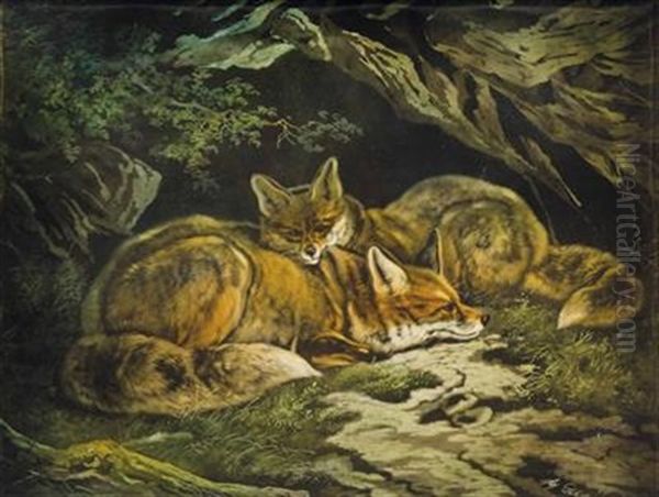 Zwei Fuchse Oil Painting by August Schleich