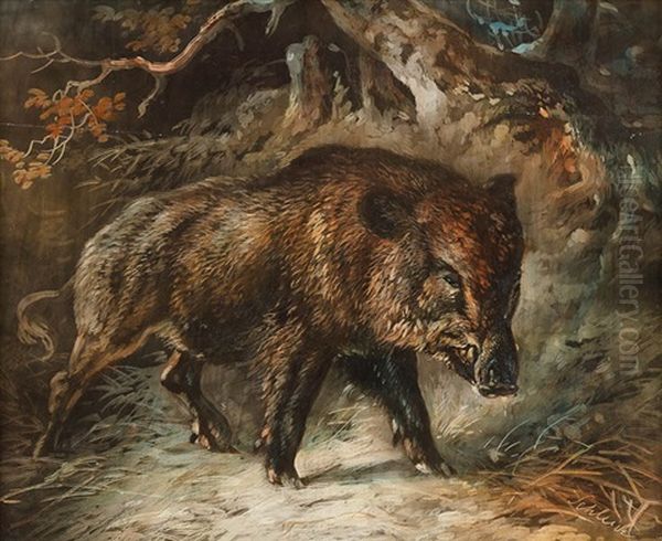 Wildschwein Im Unterholz Oil Painting by August Schleich