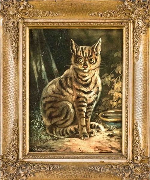 Vor Einer Schussel Im Garten Sitzende, Getigerte Katze Oil Painting by August Schleich