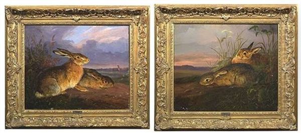 Kauernde Hasen In Der Abenddammerung (+ Another, Similar; Pair) Oil Painting by August Schleich