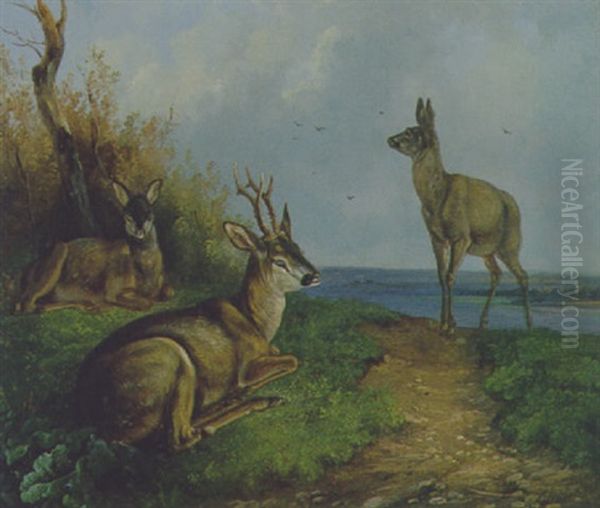 Drei Rehe In Landschaft Oil Painting by August Schleich