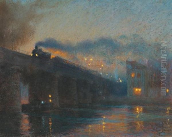 Train Sur Un Pont La Nuit Oil Painting by Henry Bouvet