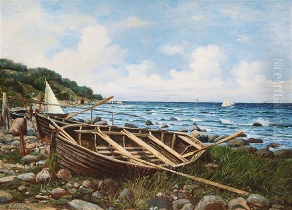 Rowboats On The Shore Near Misdroy On Wolin Oil Painting by Hans Schleich