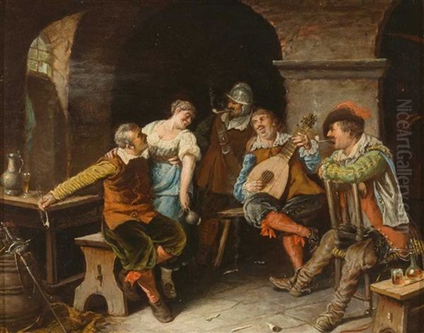 'im Kreuzfeuer' - Zecher Bedrangen Eine Junge Magd Im Weinkelle Oil Painting by Carl Schleicher