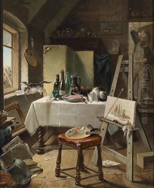 Kleine Diebe Im Maleratelier Oil Painting by Carl Schleicher